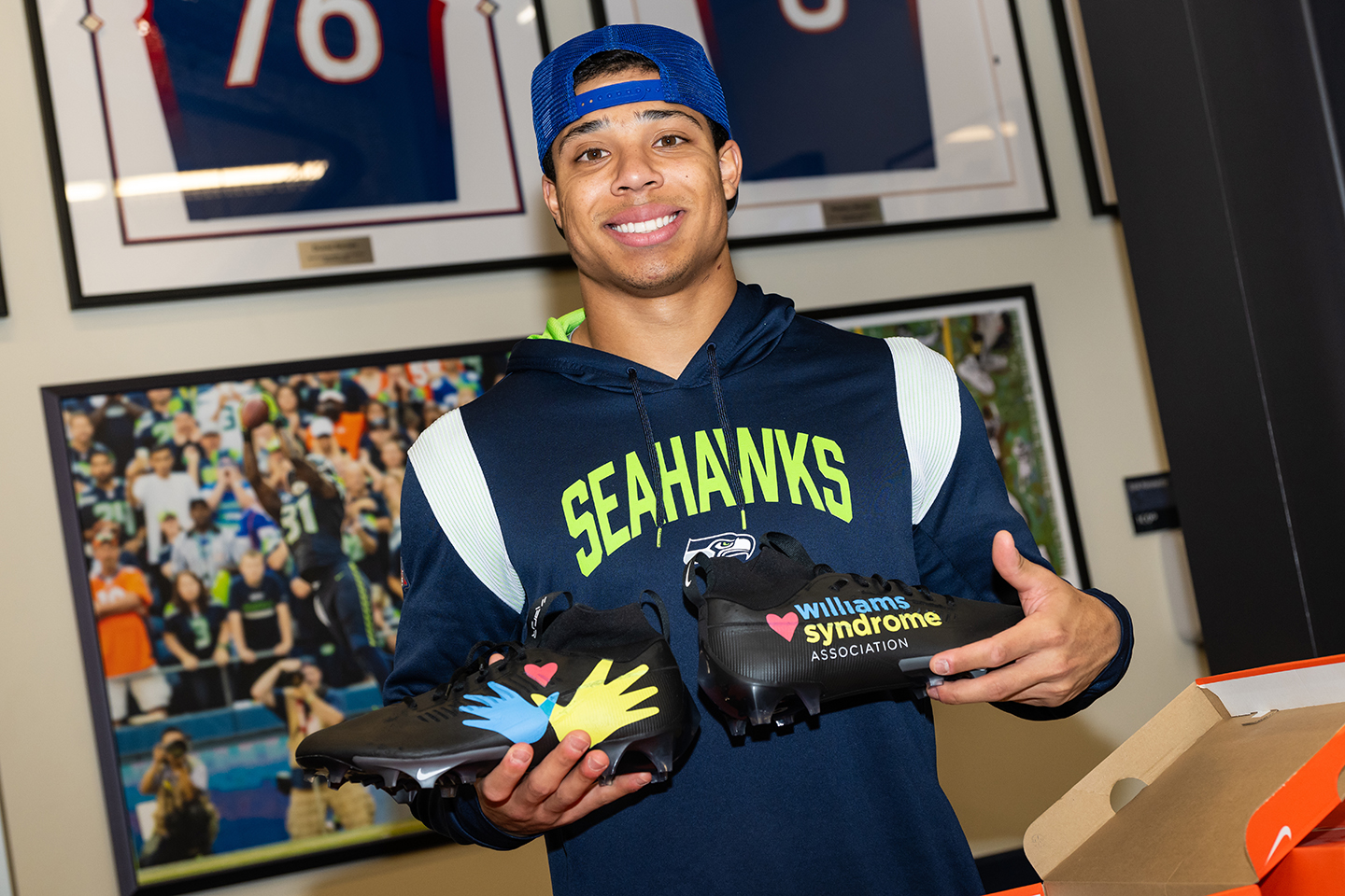 Seattle Running Back Zach Charbonnet with his custom WSA Cleats